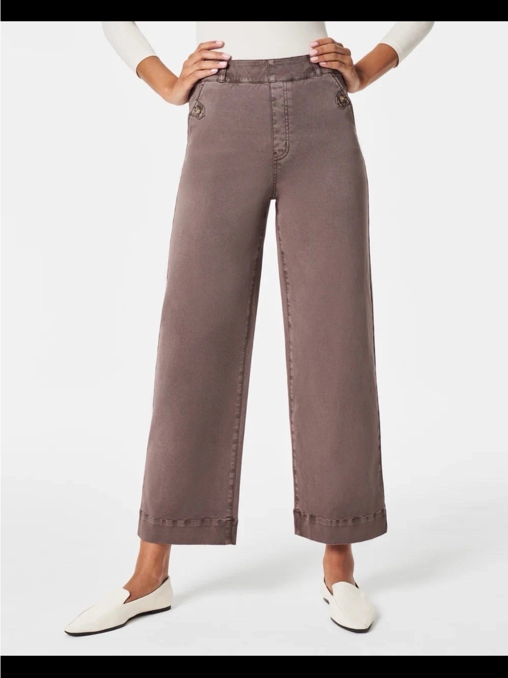 SPANX Women’s Small NEW Smoke Stretch Twill Cropped Wide Leg Pull On Pant Brown
